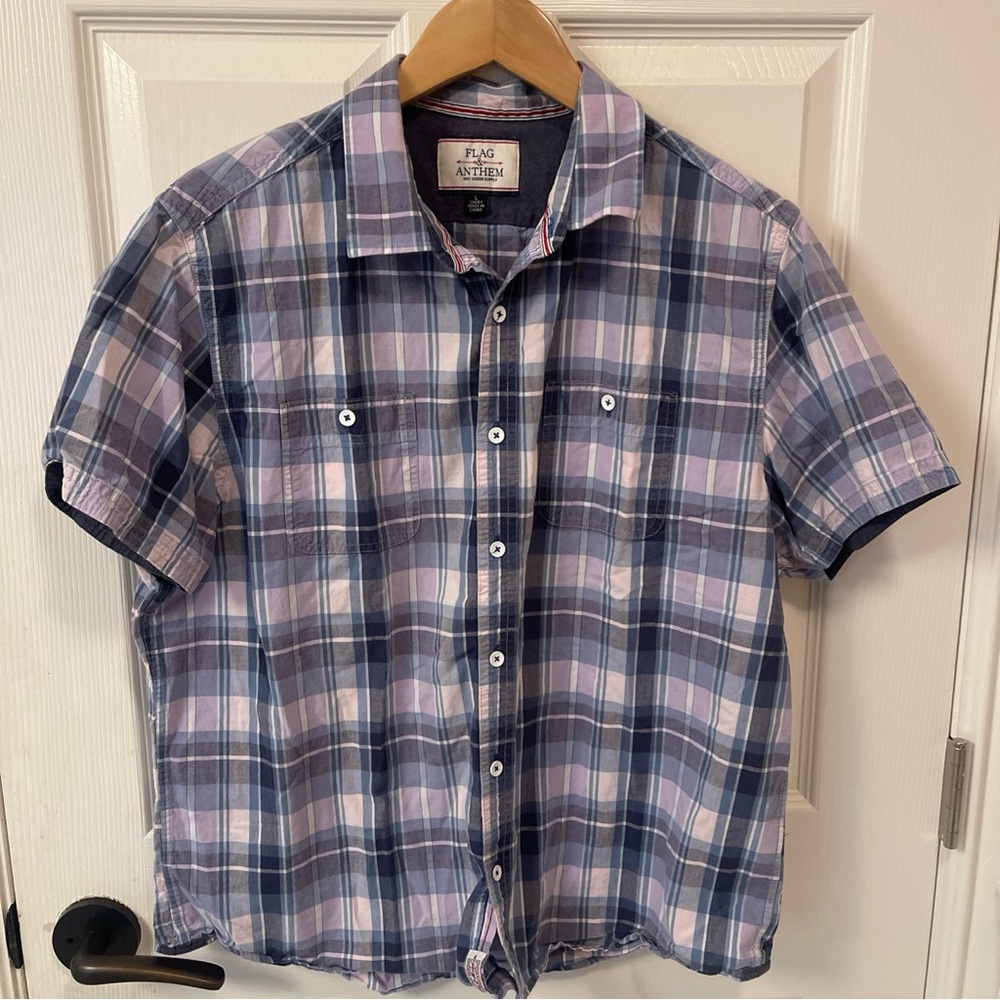 Flag & Anthem Plaid Short Sleeve Button Up Shirt Men's Size Large Blue Purple